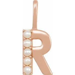 14K Rose Gold Cultured White Freshwater Pearl Initial R Charm/Pendant