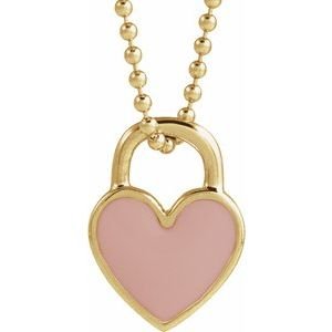 14K Yellow Gold Pink Enamel Heart 18" Necklace