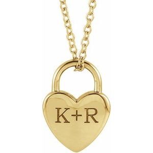 14K Yellow Gold Engravable Heart Lock 16-18" Necklace