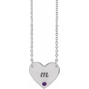Sterling Silver Natural Amethyst Engravable Heart 18" Necklace