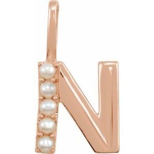 14K Rose Gold Cultured White Freshwater Pearl Initial N Charm/Pendant