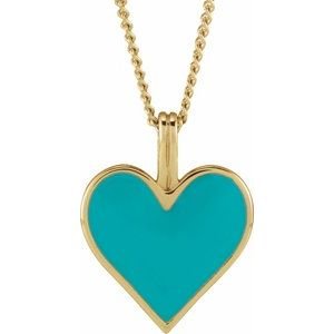 14K Yellow Gold Light Turquoise Enamel Heart 18" Necklace