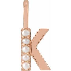14K Rose Gold Cultured White Freshwater Pearl Initial K Charm/Pendant