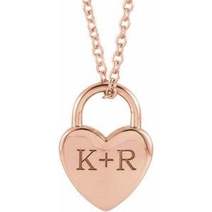 14K Rose Gold Engravable Heart Lock 16-18" Necklace
