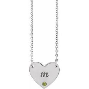 Sterling Silver Natural Peridot Engravable Heart 18" Necklace