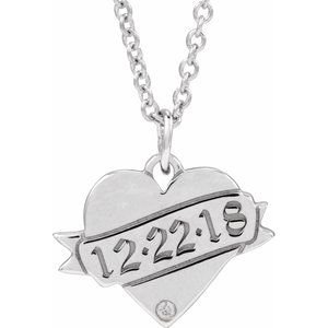 14K White Gold .005 CT Natural Diamond Engravable Heart 18" Necklace