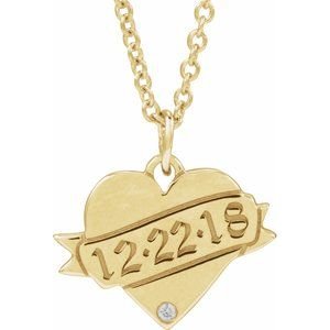 14K Yellow Gold .005 CT Natural Diamond Engravable Heart 18" Necklace